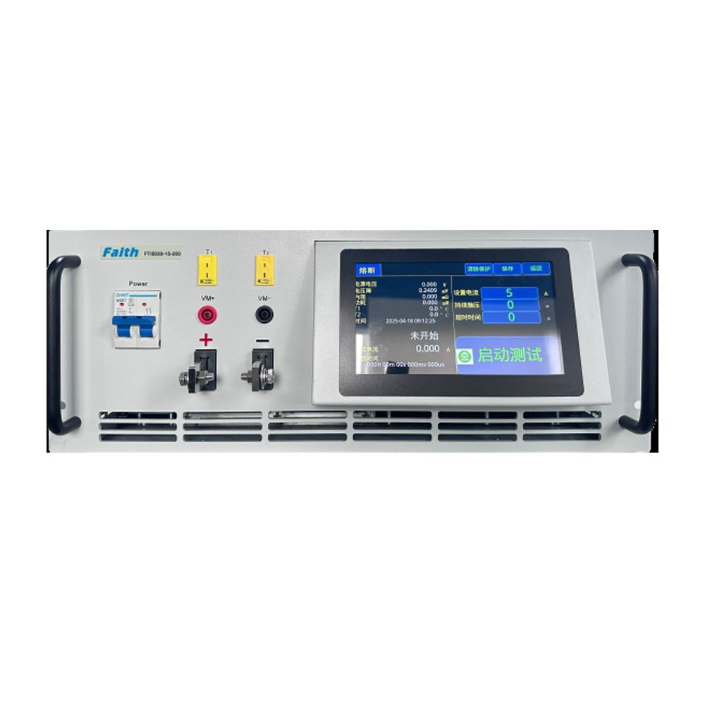 Engineer in a lab setting connecting test probes from the FTI5000 to the terminals of an automotive electrical box.