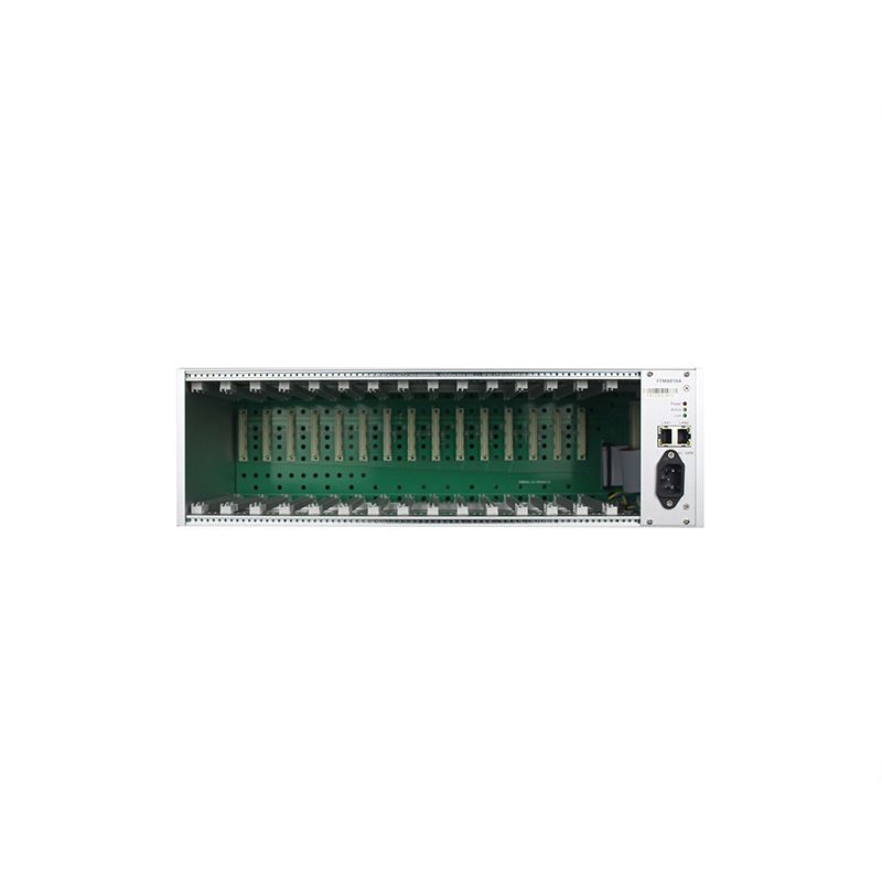 Close-up of the FTM8000 modular chassis with various input and control modules installed