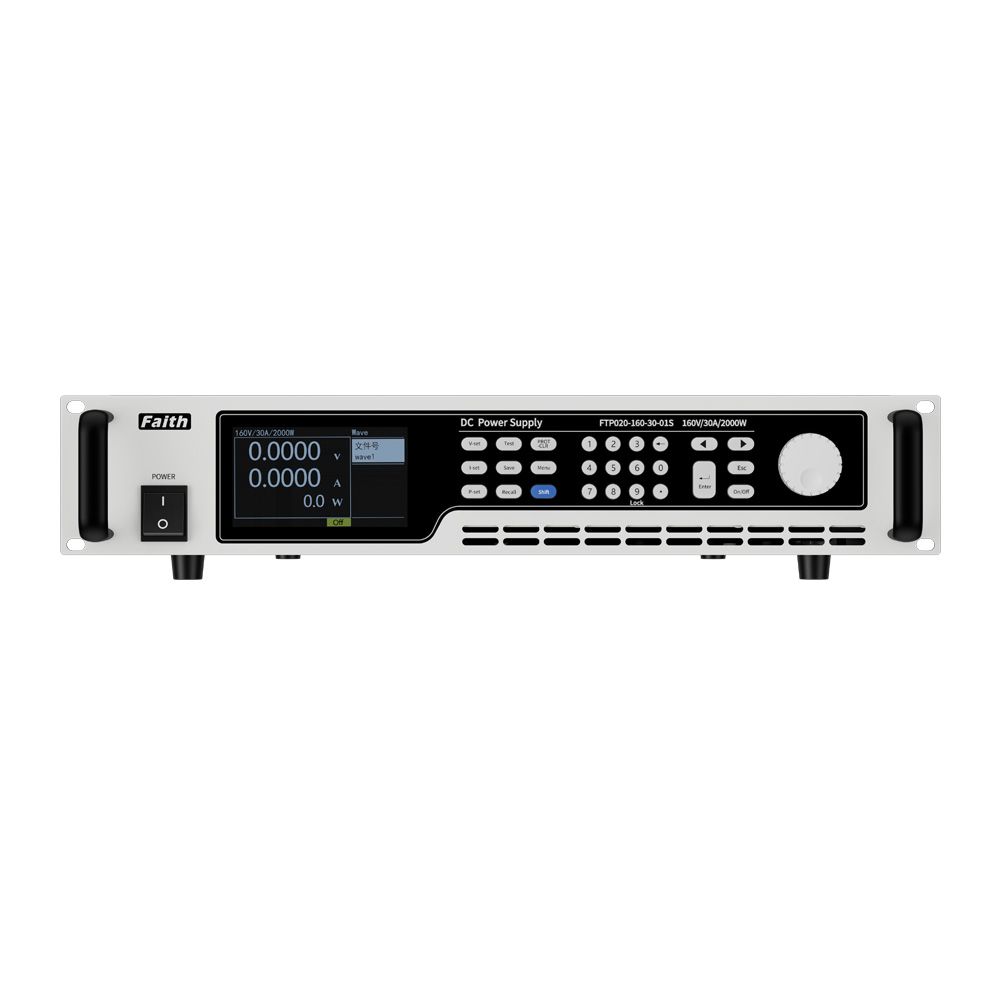 FTP Series wide range programmable DC power source front panel display in a testing environment