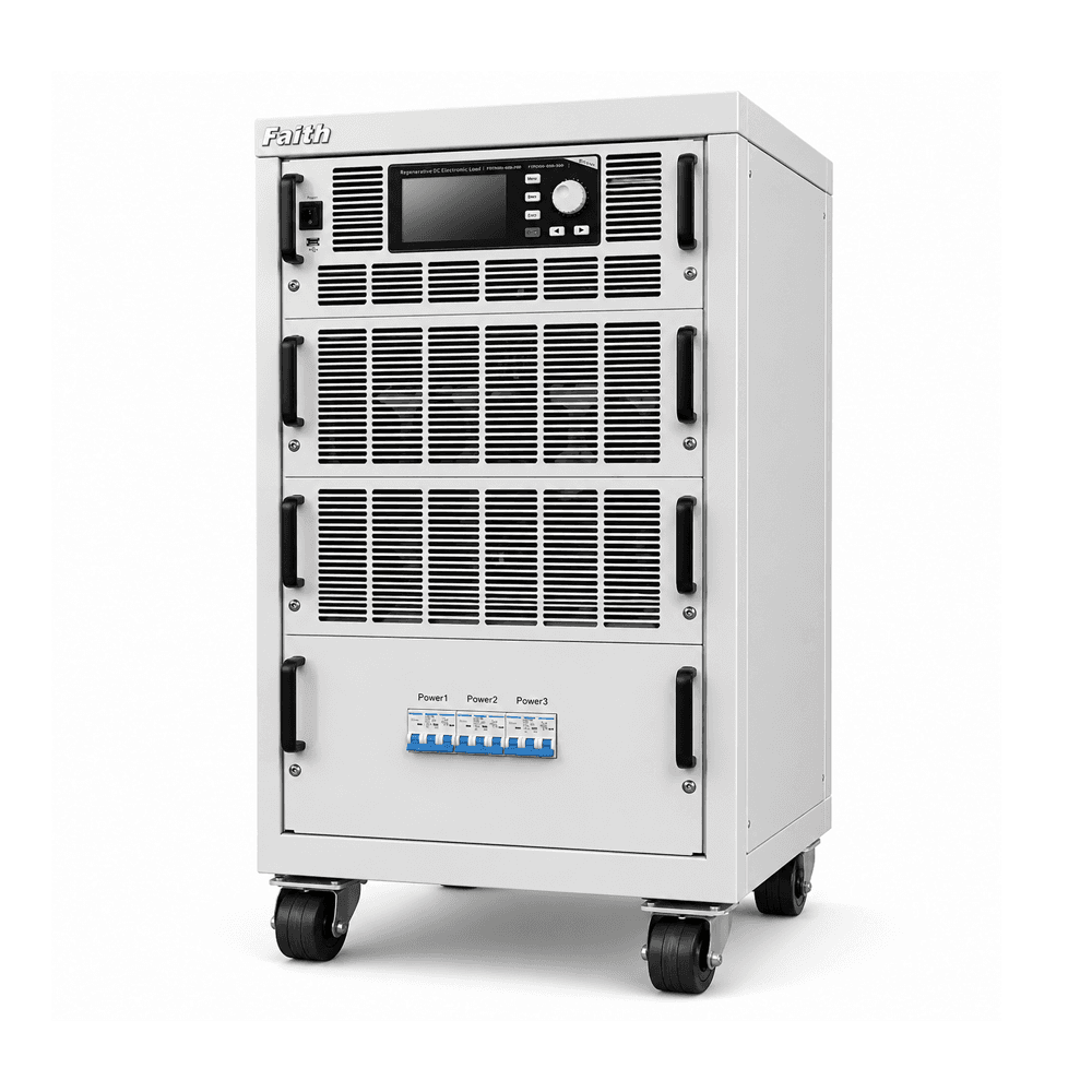 Industrial testing facility comparing conventional and regenerative electronic load setups