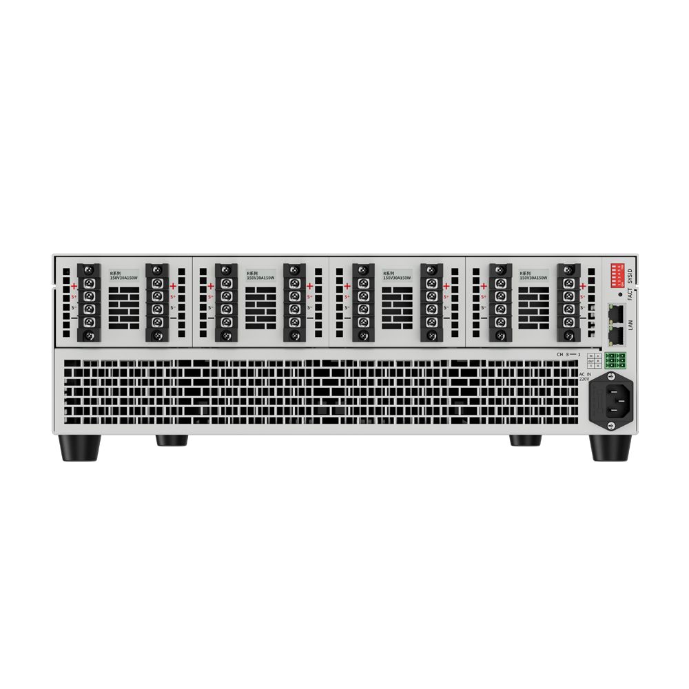 FT6100 series electronic load array with color-coded channels connected to wiring harness test fixture, displaying real-time voltage/current waveforms