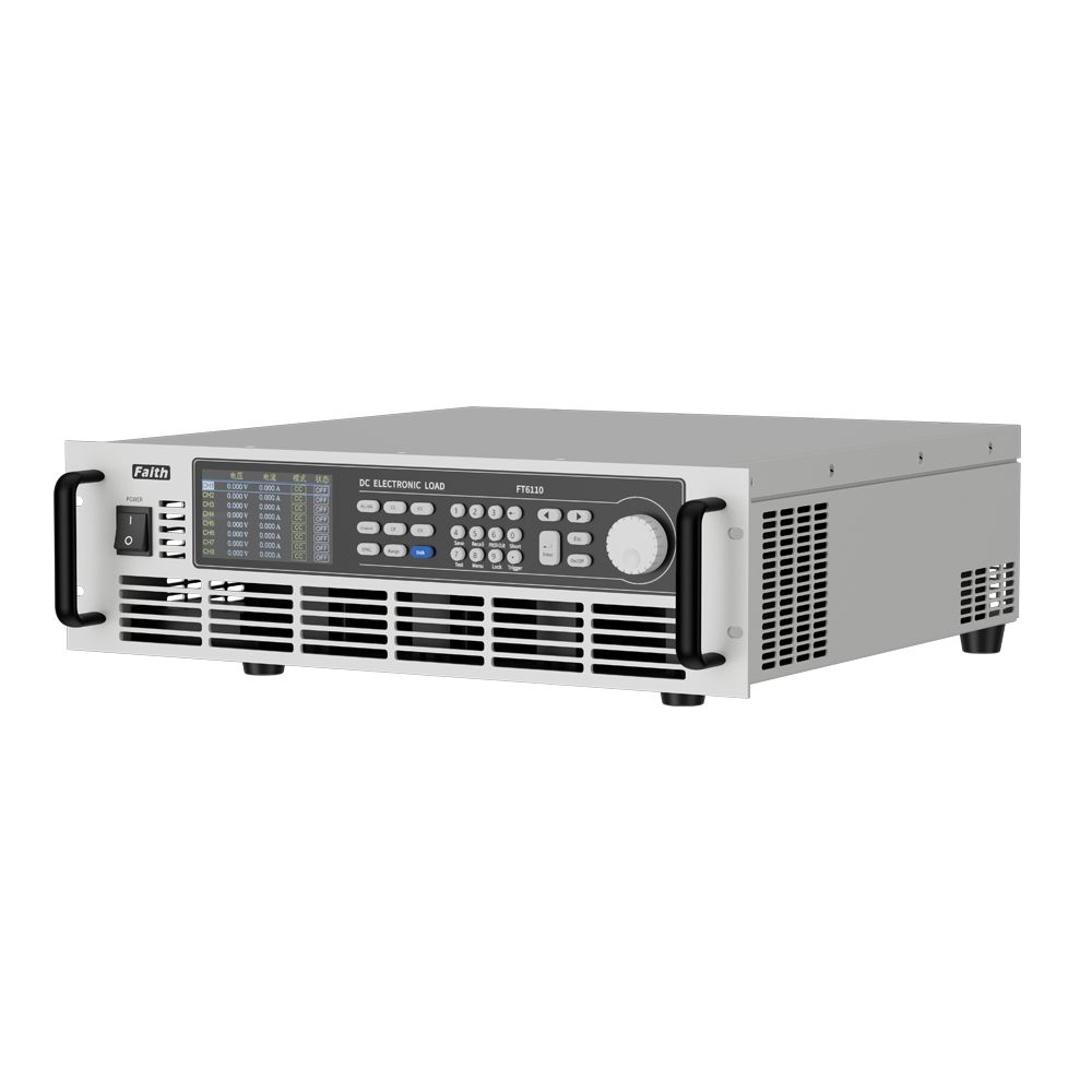 Row of multichannel electronic load arrays mounted in a production test rack