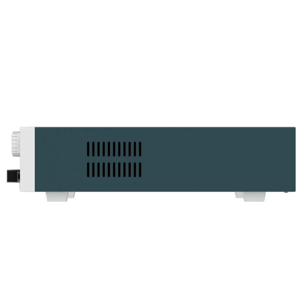 Close-up of a 1U half-rack programmable DC power supply unit on a workbench
