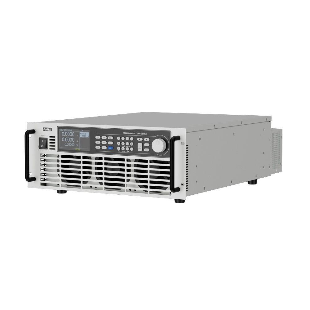 Industrial test bench with LAN and RS232 connections linking the FTM6000 and FT68200 load to a control PC