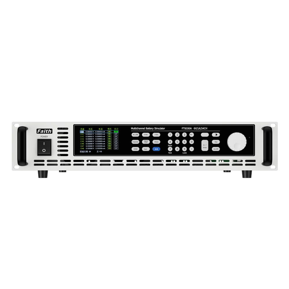 Primer plano de la interfaz del simulador de baterías FT8330 que muestra su configuración de 36 canales