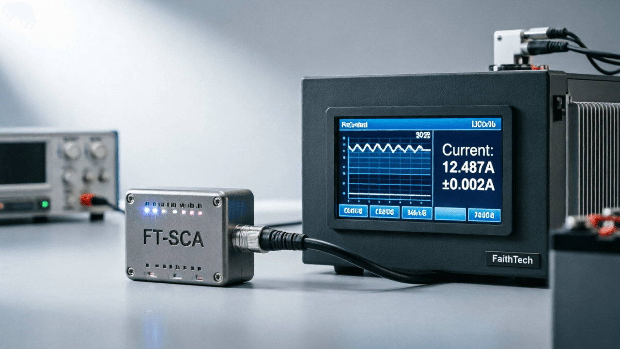 Automotive engineer testing ECU on a test bench with battery emulator equipment