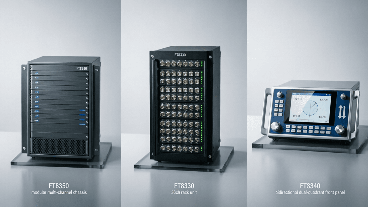 side-by-side comparison diagram showing FT8330 (36ch rack unit), FT8350 (modular multi-channel chassis), and FT8340 (bidirectional dual-quadrant front panel)