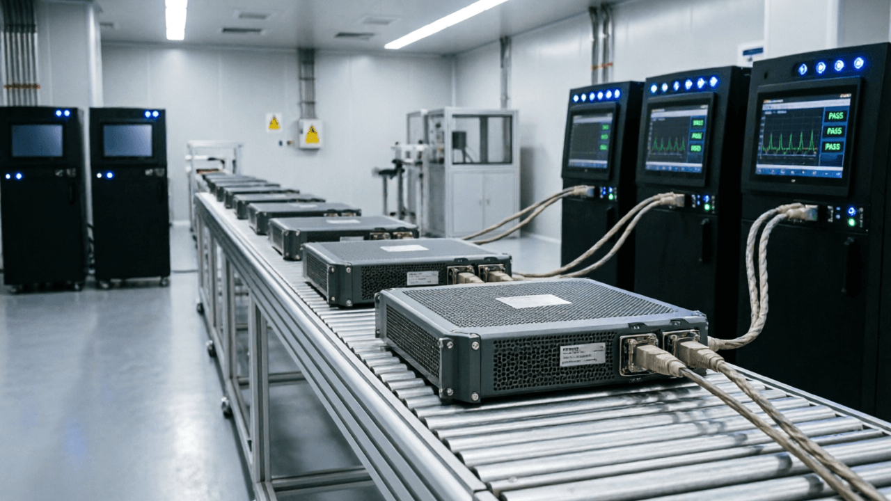 production line setup with FT8350 chassis feeding multiple DUTs on conveyor-linked testers