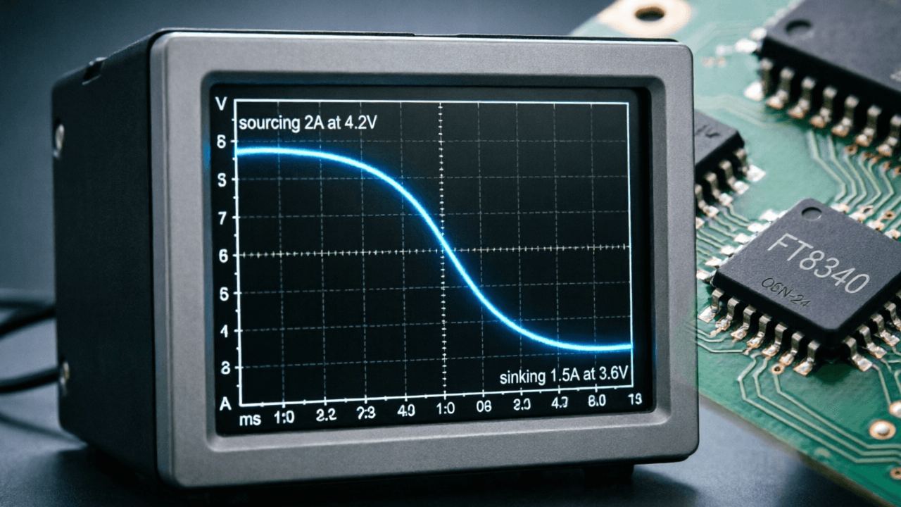 FT8340 waveform capture showing seamless transition from sourcing 2A at 4.2V to sinking 1.5A at 3.6V