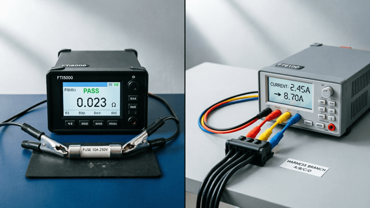 Side-by-side comparison diagram showing FTI5000 performing fuse continuity check and FT6100 applying variable current loads to harness branches