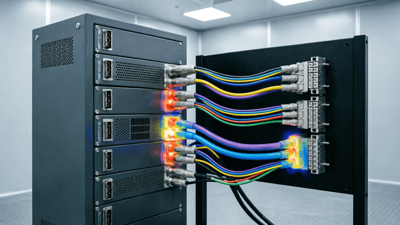 Engineer reviewing test data from a medium power DC electronic load connected to a DC charging pile