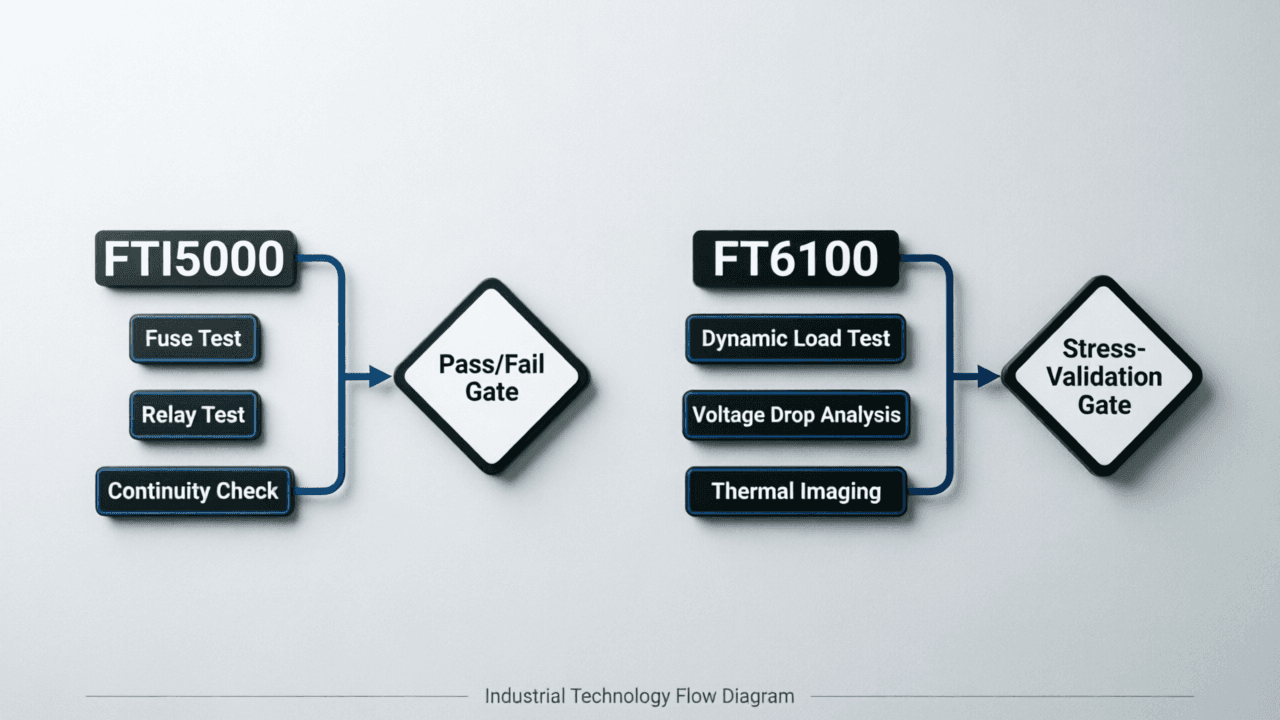 Flowchart showing parallel test paths: FTI5000 path (fuse/relay/continuity) feeding into pass/fail gate, and FT6100 path (dynamic load/voltage drop/thermal) feeding into separate stress-validation gate