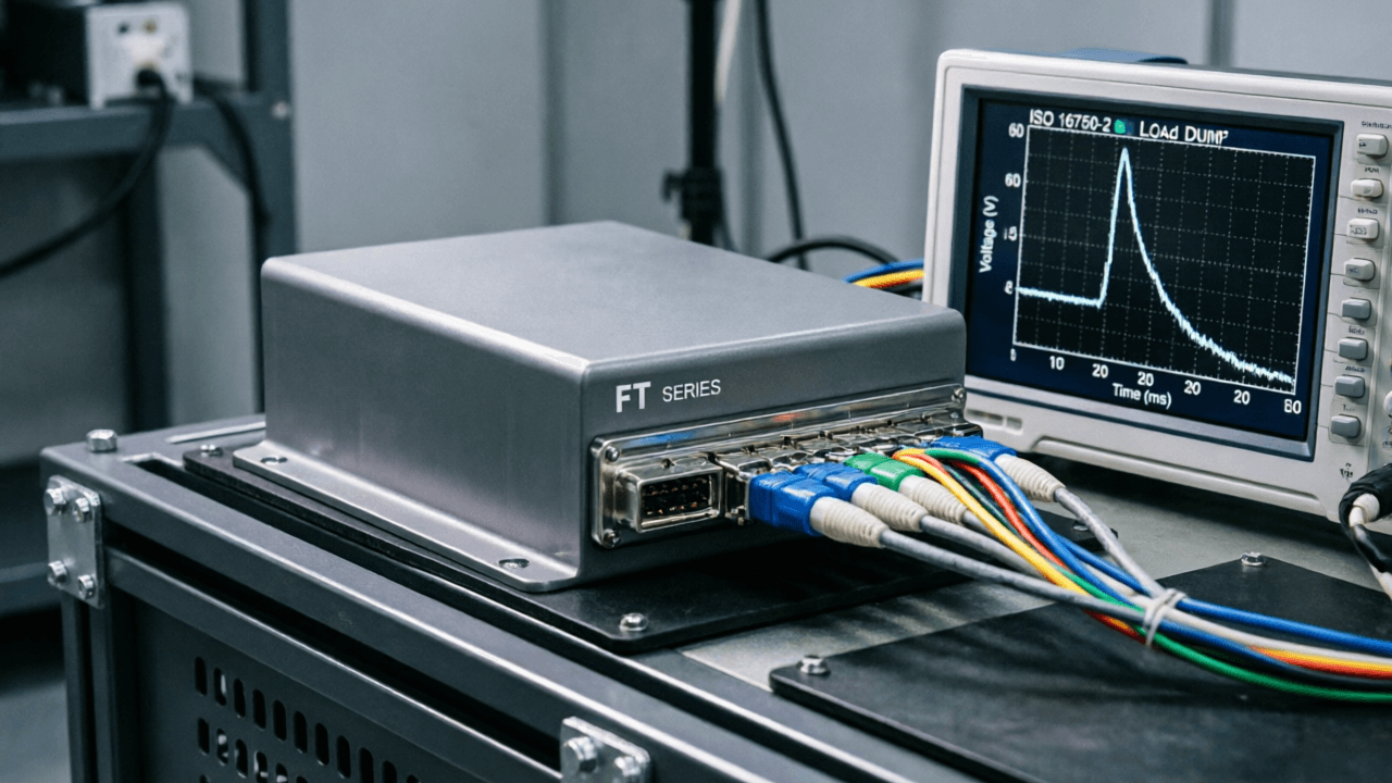 FT series unit mounted in an automotive test rack with oscilloscope displaying ISO 16750-2 load dump waveform