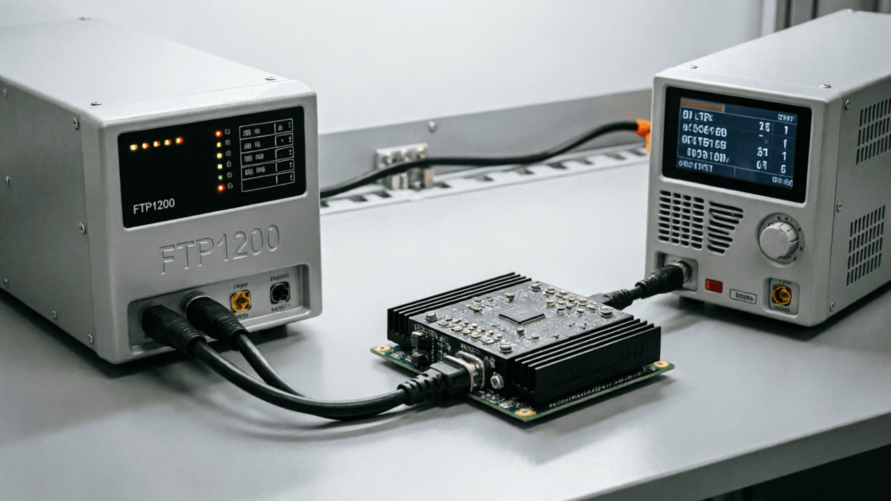 FTL series multi-channel linear DC power supply on a lab bench beside oscilloscope and analog test board