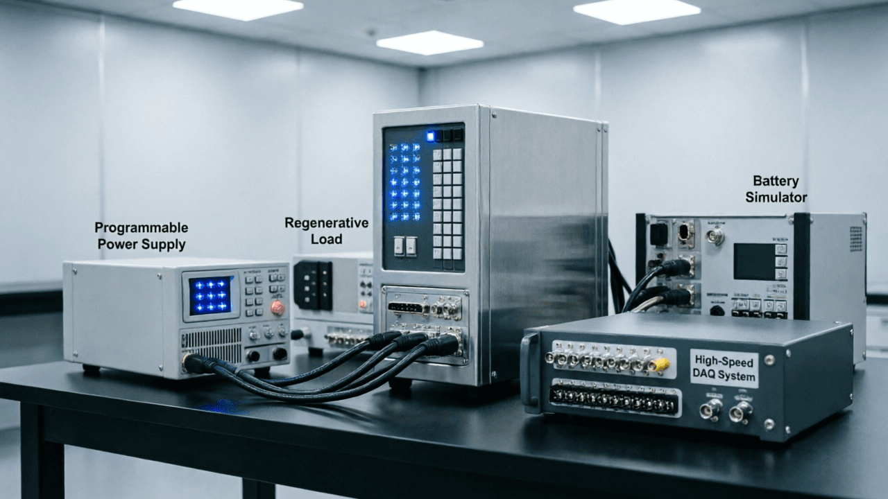 Diagram of integrated automotive ATE system with programmable power, regenerative load, battery simulator, and DAQ connected via automation controller