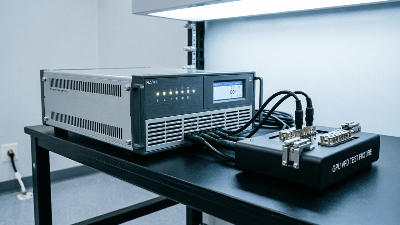 Rack-mounted legacy test instruments connected via serial cables to a GPIB controller