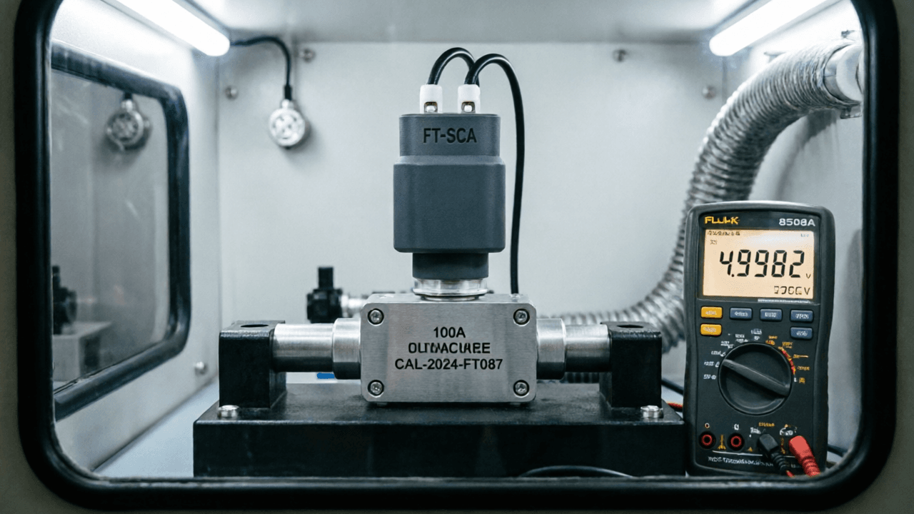 FT-SCA sensor mounted on a calibrated shunt reference setup inside an environmental chamber, with traceable multimeter visible