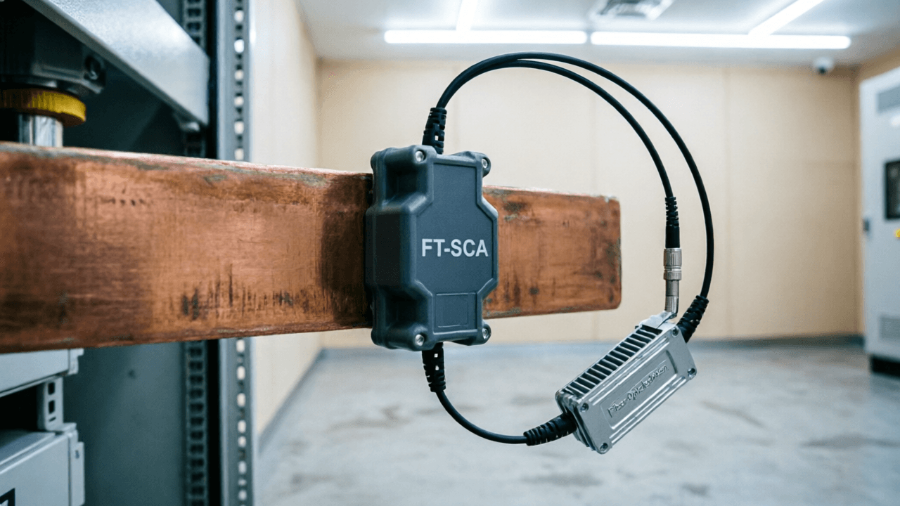 FT-SCA sensor installed on high-current busbar feeding into FTS8500 test cabinet, with fiber-optic isolation visible